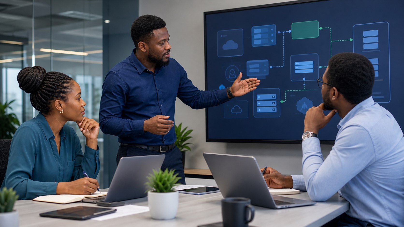 Technology leadership team reviewing a long-term software roadmap
